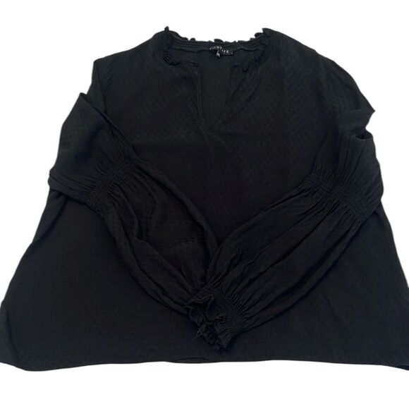 1.State szXL black blouse with elastic ruffle neck and flowy long sleeves EUC - Picture 1 of 14